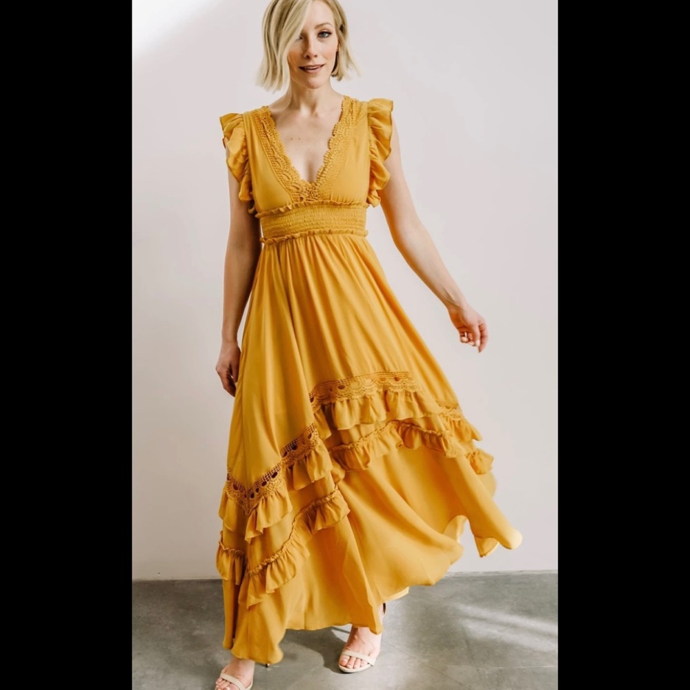 Baltic Born NWT Jasmine Ruffle Maxi Dress. Size Large. Color: Mustard